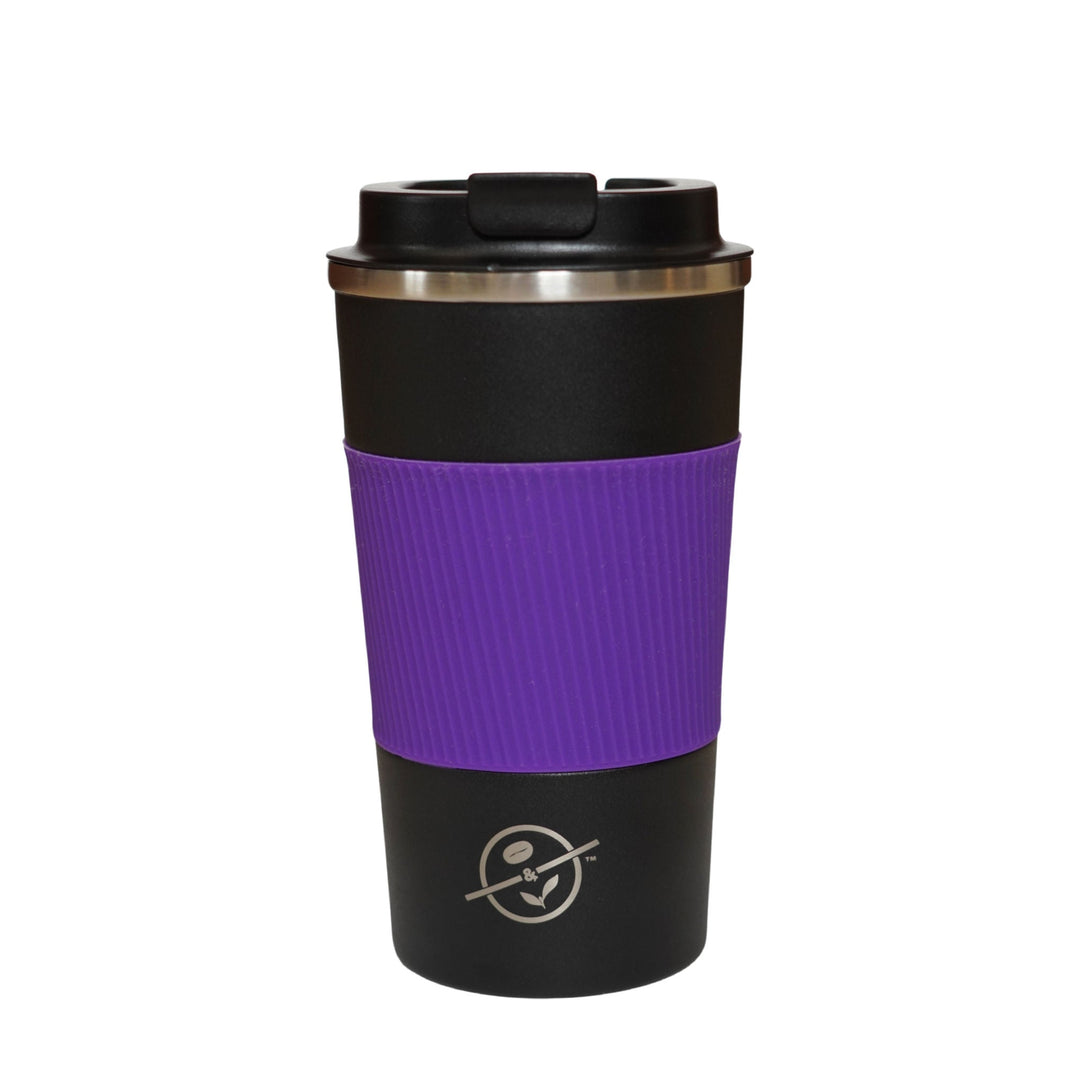 CBTL Black Tumbler with Purple Sleeve with Black Lid Front View