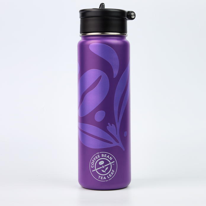 Purple stainless steel 24oz thermos with flip up straw in screw on lid